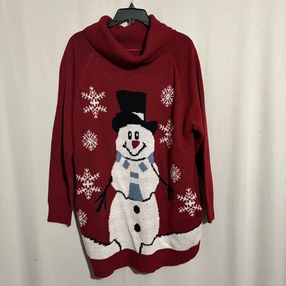 Frosty Snowman Burgundy Christmas Turtleneck Dress Sweater